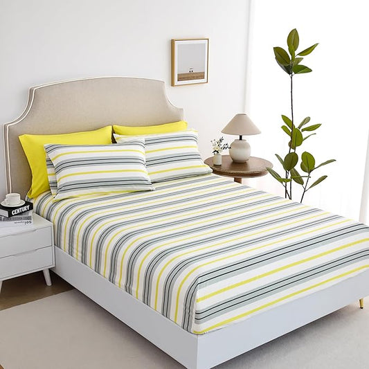 King Size Bed Sheets Set Deep Pockets - 6PC Stripes Ultra Soft Microfiber Bed Sheets - Easy to Clean, 90 Thread Count Sheets with Fitted Sheet, Flat Sheet & Pillowcases (Grey/Yellow)