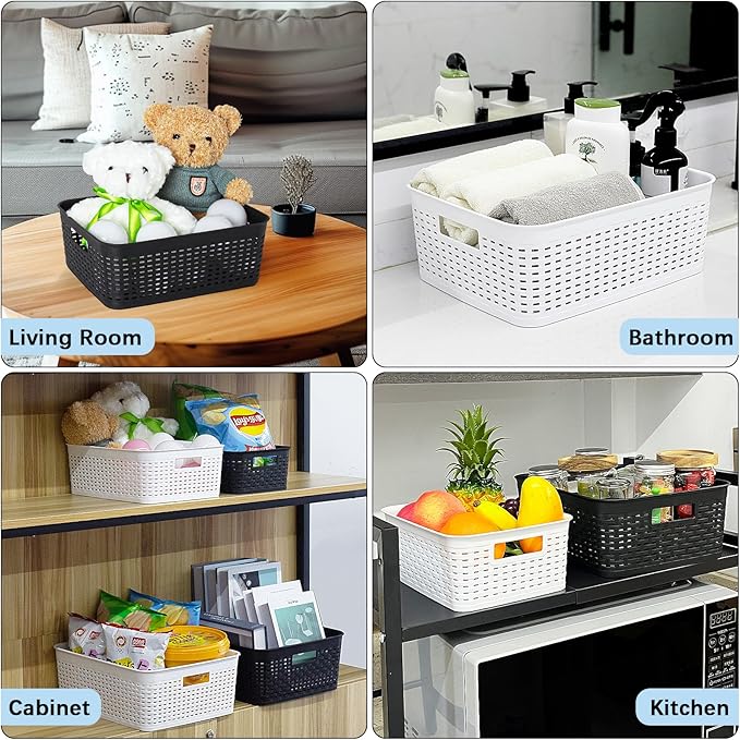 Plastic Storage Baskets for Cabinets, Household Pantry Organization with Handle,Organizer Bins for Room,Bathrooms,Under-Sink,Kitchen (White, M-3PACK)
