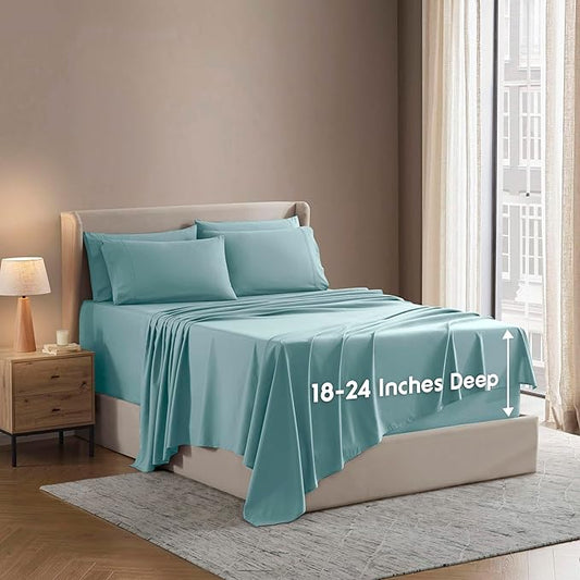 Nestl Extra Deep Twin Sheet Set - 4 Piece Breathable & Cooling Sheets - Hotel Luxury Bedding Set w/18-24 Inch Deep Pockets - Easy & Secure Fit - Super Soft, Wrinkle Free & Comfy - Light Blue