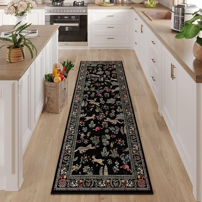Rugcomf Runner Rug for Kitchen Rug Non Slip 2'6''x8' Washable Rugs with Rubber Backing Soft Floral Animal Carpet Runner for Kitchen, Laundry, Bedroom, Bathroom (Black)