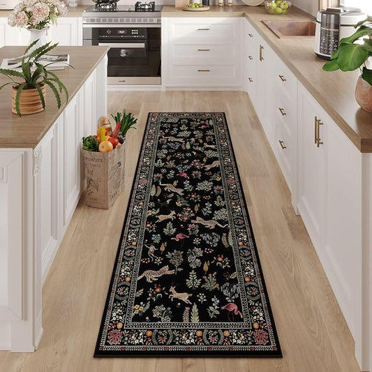 Rugcomf Runner Rug for Kitchen Rug Non Slip 2'6''x8' Washable Rugs with Rubber Backing Soft Floral Animal Carpet Runner for Kitchen, Laundry, Bedroom, Bathroom (Black)