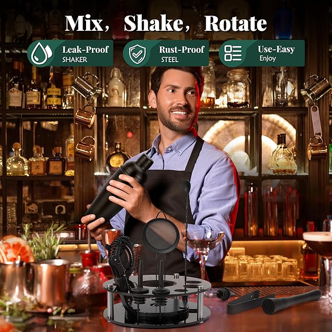 Bartender Kit,Cocktail Shaker Set 13-Piece Bar Tool Set with Acrylic Rotatable Stand for The Home,Bar（Frosted Black）