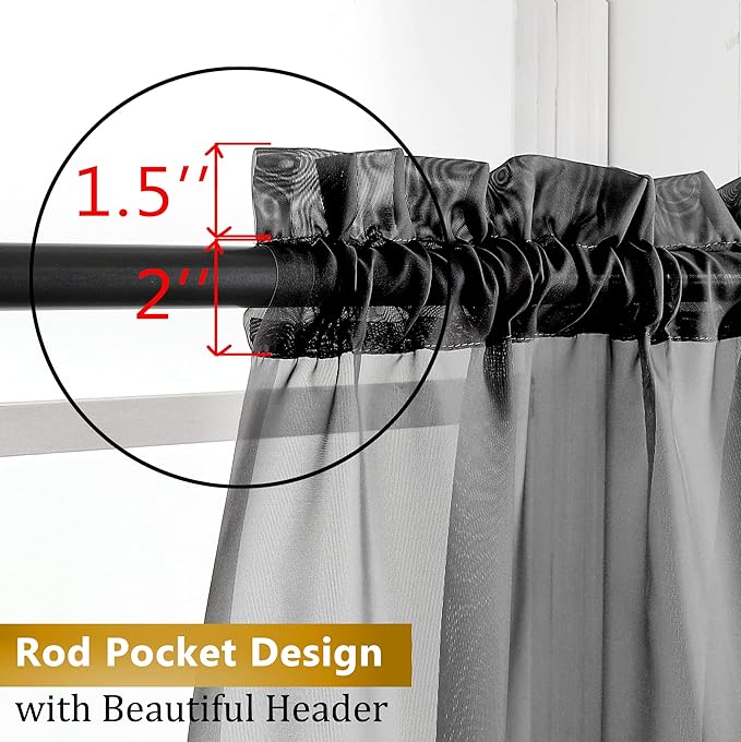 Aiyufeng Black Curtains 36 inches Long 2 Panels, Short Cafe Sheer Tiers, Kitchen Tier Curtains for Kitchen Room Laundry, Rod Pocket, 40" Wx36 L