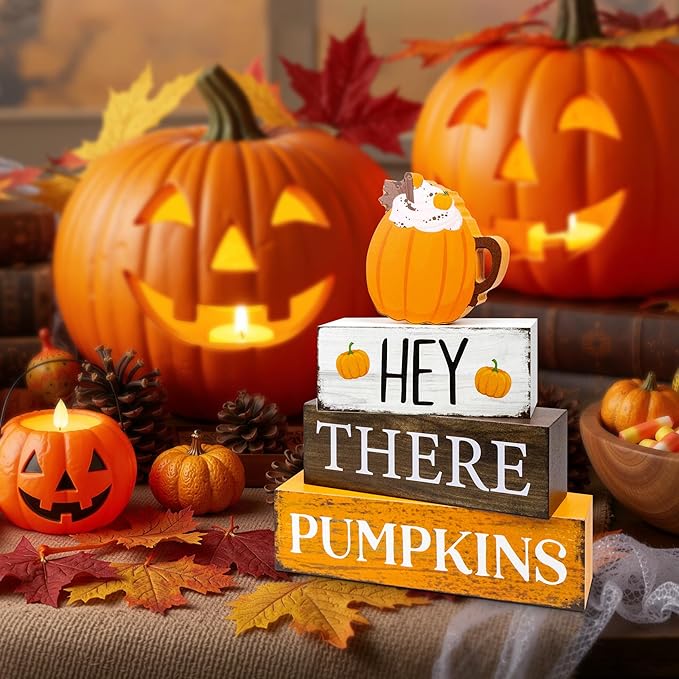 4 Pcs Fall Decor Wooden Tiered Tray Decor, Pumpkins Autumn Decorations Gifts for Home, Thanksgiving Table Centerpiece for Autumn Harvest Party Kitchen