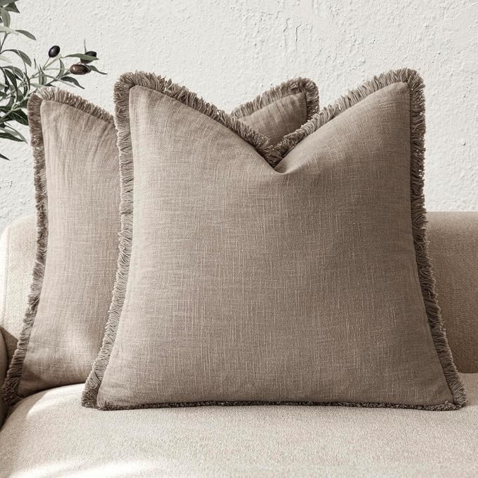 Foindtower Set of 2 Decorative Linen Fringe Throw Pillow Covers Boho Farmhouse Cushion Cover with Tassels Soft Accent Pillowcase for Couch Chair Sofa Bed Living Room Home Decor,20×20 Inch,Brown Tan