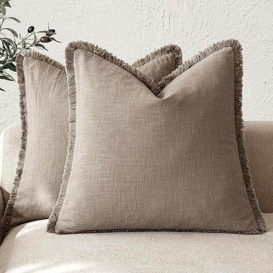 Foindtower Set of 2 Decorative Linen Fringe Throw Pillow Covers Boho Farmhouse Cushion Cover with Tassels Soft Accent Pillowcase for Couch Chair Sofa Bed Living Room Home Decor,20×20 Inch,Brown Tan
