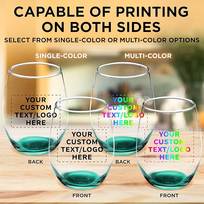 Custom Stemless Wine Glass 9 oz. Set of 100, Personalized Bulk Pack - Great for Wedding Favors, Bachelorette Party Decorations, Party Favors, Color Bottom - Green