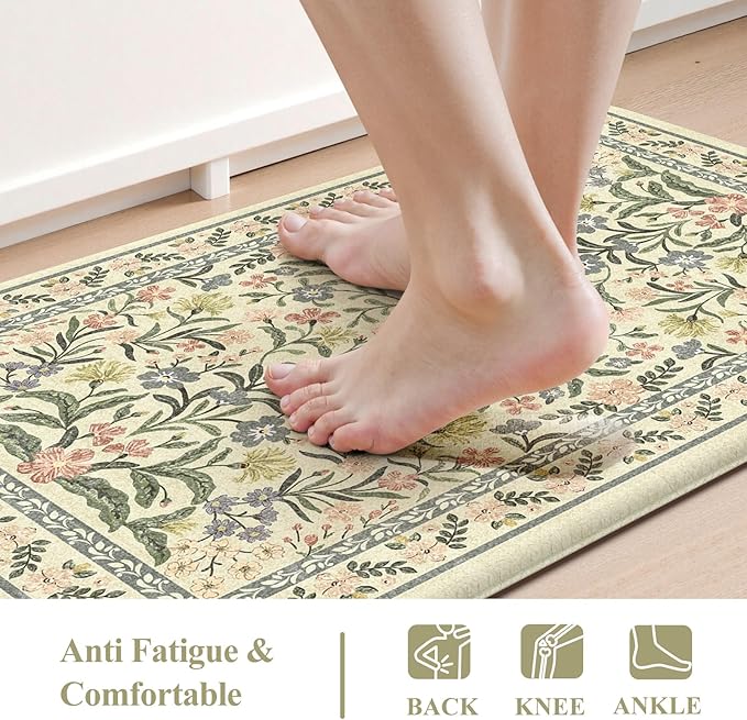 Collive Kitchen Mats for Floor 2PCS, Cushioned Anti Fatigue Rugs Non Slip Waterproof Kitchen Sink Mat, Floral Comfort Standing Mat for Bar, Office, Desk, Home Decor, Beige 20" x 47" + 20" x 32"