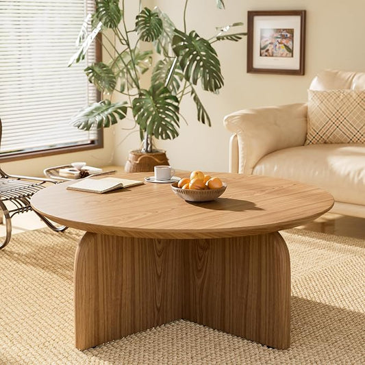 Round Coffee Table with Stylish Curve, 31.5" Circle Wooden Living Room Coffee Table, Modern Farmhouse Center Accent Furniture, Child-Friendly, Easy to Assembly, Brown