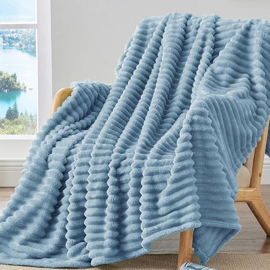 BEDELITE Fleece Throw Blanket for Couch - 300GSM Soft & Warm Fluffy Light Blue Blanket, Decorative and Giftable Striped Blankets for Women, Men, 50"x60"