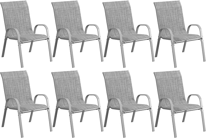 Amopatio Patio Chairs Set of 8, Outdoor Stackable Dining Chairs for All Weather, Comfortable Breathable Garden Outdoor Furniture for Backyard Deck, Grey & White