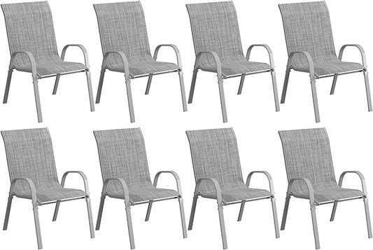 Amopatio Patio Chairs Set of 8, Outdoor Stackable Dining Chairs for All Weather, Comfortable Breathable Garden Outdoor Furniture for Backyard Deck, Grey & White