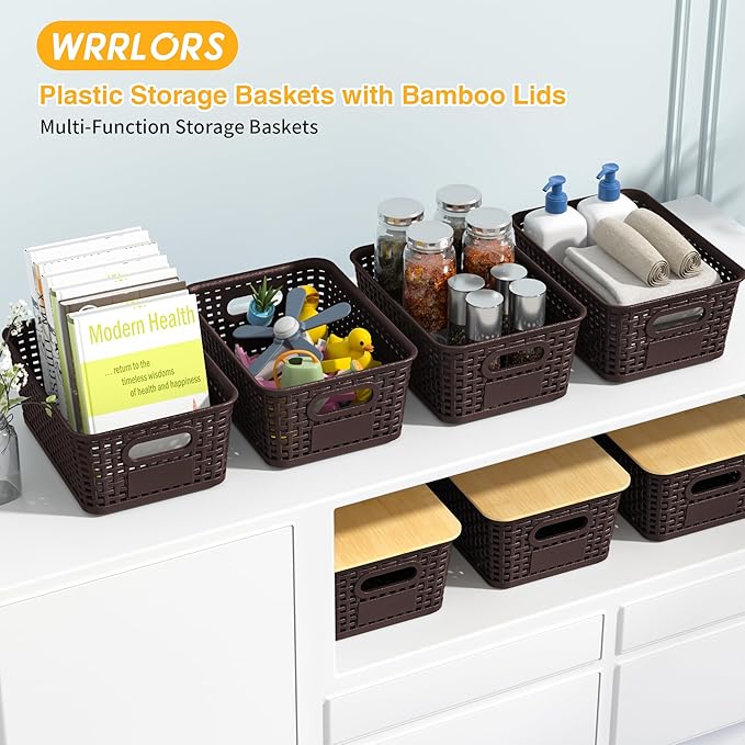6 Pieces Brown Plastic Storage Baskets with Bamboo Lids with Labels Stackable Storage Containers for Organizing Shelves Drawers Desktop Closets Playroom Classroom Office