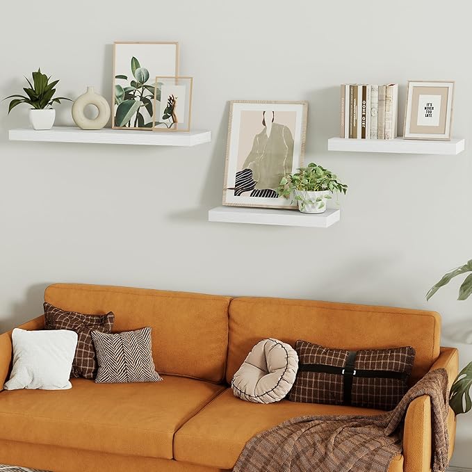 Vivelove Bathroom Floating Shelves for Wall, 16 inchs x 6.7” deep x 1.4” Wall Shelf for Bedroom, Living Room, Kitchen, Office Home Decor, Narrow Wood Shelves with Invisible Brackets - Set of 2, White