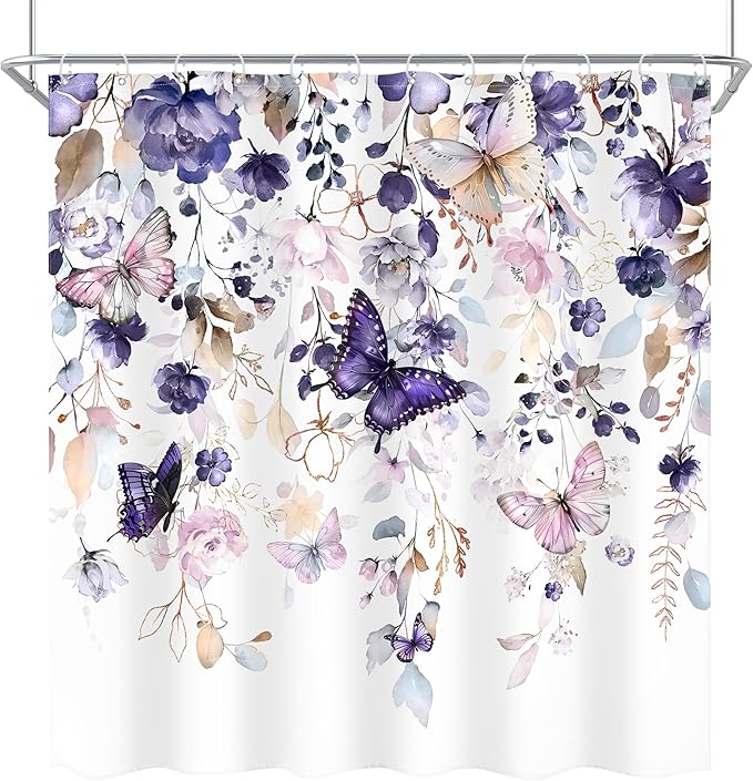 Purple Floral Butterfly Shower Curtain 72Wx72L Inch Summer Spring Plant Natural Gold Leaves Botanical Bathroom Set Girl Woman Elegant Country Bath Curtain Bathtub Accessories Home Decor