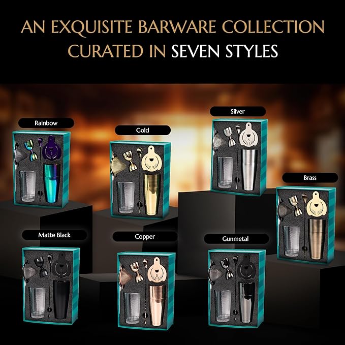 Shaken & Stirred Cocktail Set by Bull in China - Premium Bartender Gift Set w/ 2 Piece Weighted Shaker, Hammered Jigger, Hawthorne Strainer, Fine Mesh Strainer, Mixing Glass & Barspoon (Copper)