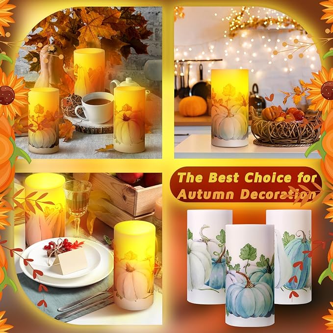 ROCEEI 3 Pack Thanksgiving Fall Flameless LED Candles with Remote Blue Pumpkin Battery Operated Real Wax Black and White Autumn Candles Thanksgiving Decor Gift(Fresh Style)