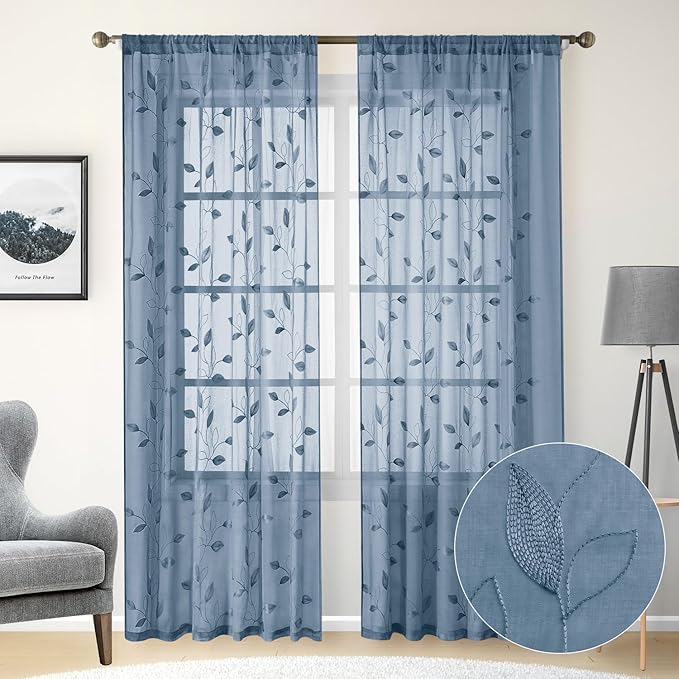 HOMEIDEAS Stone Blue Floral Sheer Curtains 84 Inches Long 2 Panels Embroidered Pattern Semi Sheer Window Curtains for Bedroom Living Room