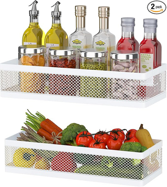 PUSDON Hanging Storage Baskets Organizer Wall Mount, Metal Wire Storage Bin Rack for Kitchen Bathroom Shower Spice Shelf Home Decor Essentials White-2 Packs (Netting)