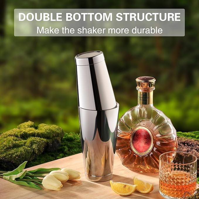 WOTOR Boston Cocktail Shaker Set, 18 oz & 28 oz Stainless Steel Weighted Shaker Tins, Strainer, Double Measuring Jigger, Professional Bar Tools for Bartender (Silver)