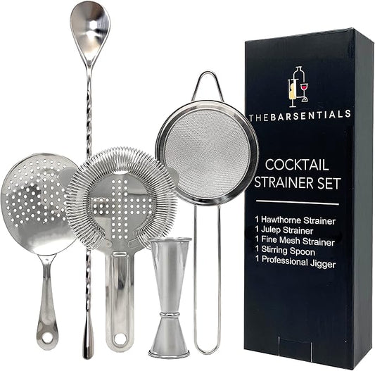 Cocktail Strainer Set Stainless Steel Bar Tools with Stirring Spoon - Hawthorne, Julep, Fine-Mesh and Jigger for Drinks