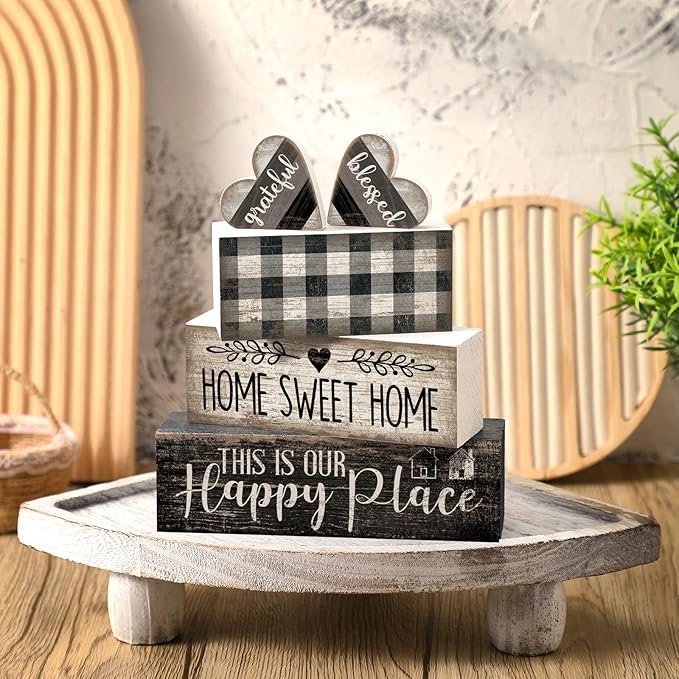4 Pcs Farmhouse Kitchen Decor Black and White Farmhouse Tiered Tray Decor Home Sweet Home Centerpiece Wooden Heart Rustic Decorative Block Sign for Table Kitchen Shelf Desk Decoration