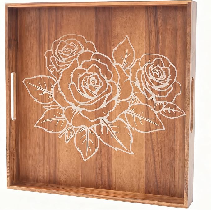 Ottoman Tray with Handles, 20 Inches Acacia Wood Serving Tray, Extra Large Tray for Ottoman Decorative Trays Serving for Living Room for Decorative, Coffee Table, Breakfast in Bed, Appetizers