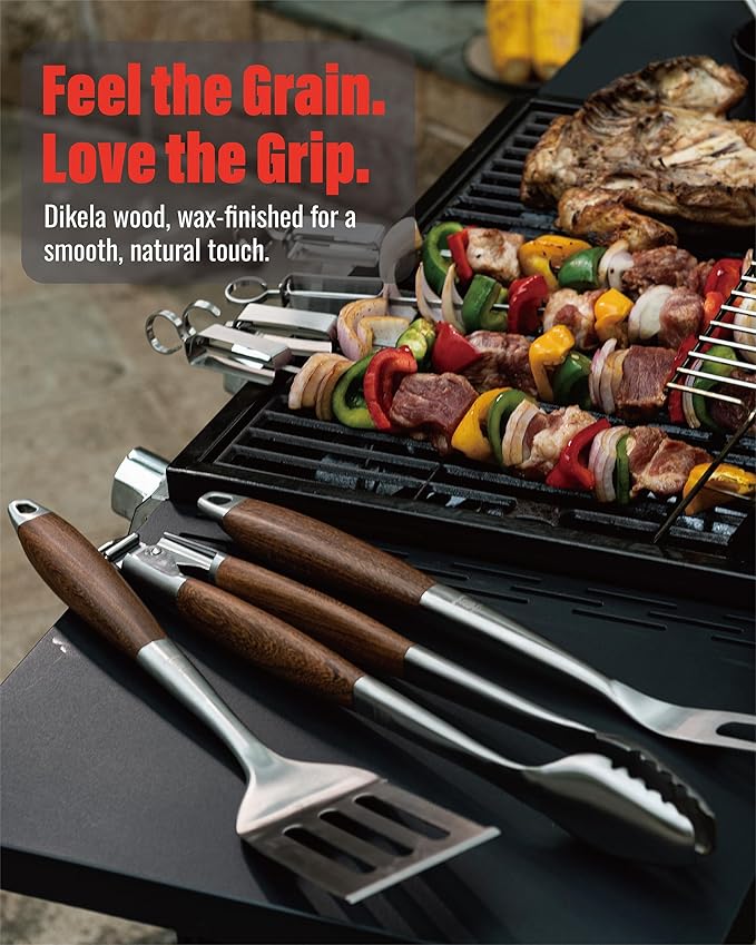 Heavy-Duty Dikela Wooden BBQ Grilling Tools Set. Extra Thick Stainless Steel Multi-Function Spatula, Fork & Tongs | Essential Accessories for Barbecue & Grill. Ideal Gift for Father