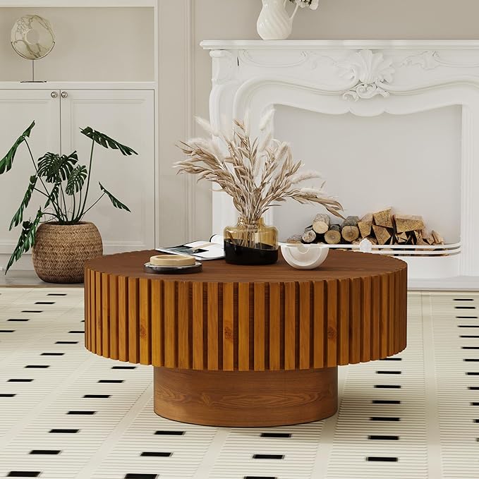 Modern Wood Round Coffee Table - Handcraft Drum Coffee Tables with Sturdy Base, Easy Assembly, Contemporary Style Small Coffee Table Tea Table for Living Room, Bedroom, Office (Natural Round)