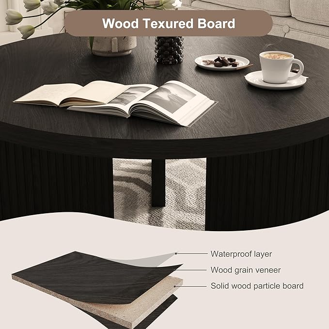 Wooden Round Coffee Table, 35" Coffee Table with Smooth Thick Mesa, Low Circle Center Table with X Shaped Stable Legs, Accent Tea Table for Living Room, Office, Black