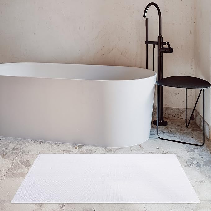 Cotton Paradise 100% Cotton Non Slip Bath Mats for Bathroom, 20x34 inch Soft Absorbent Quick Dry Machine Washable Floor Bath Mat, White Bath Rug