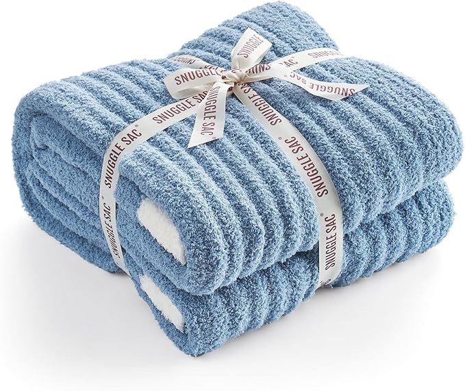 Snuggle Sac Fluffy Ribbed Blue Bedding Blanket Twin Size, Soft Luxurious Knit Fuzzy Plush Microfiber Blankets for Sofa, Bed, Blue, 60x80 inches