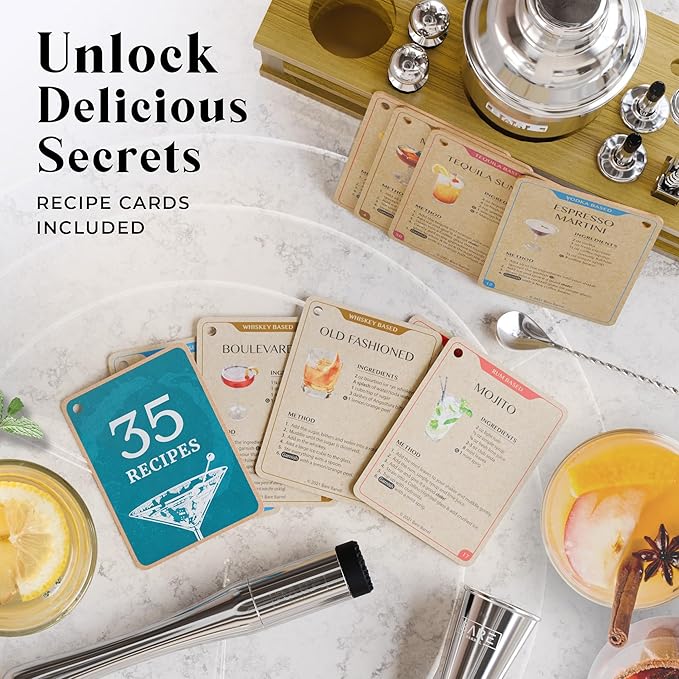 BARE BARREL® Mixology Bartender Kit Bar Set | 16-Piece Cocktail Shaker Set | Martini Barware Mixing Tools for Home Bartending | Incl. 35 Recipe Cards | Gift Set (24oz Cobbler Shaker, Silver/Natural)