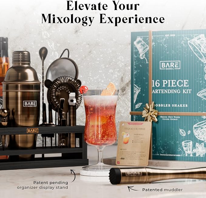 BARE BARREL® Mixology Bartender Kit Bar Set | 16-Piece Cocktail Shaker Set | Martini Barware Mixing Tools for Home Bartending | Incl. 35 Recipe Cards | Gift Set (24oz Cobbler Shaker, Brass/Black)