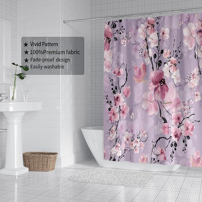 Domoku Pink Cherry Blossom Shower Curtain, Japanese Watercolor Flower Decoration Set, Easy Care Waterproof Machine Washed Durable Polyester Fabric, 72" x72"