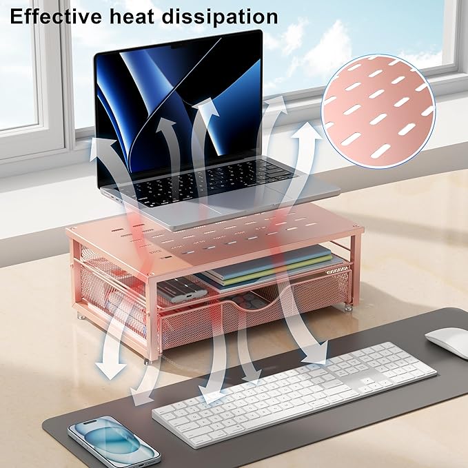 gianotter Computer Monitor Stand Riser, office organizer with Drawer, Office Organizers Storage for Classroom Office Supplies (Rose)