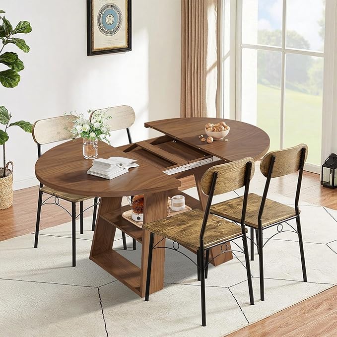 43.3in-59in Extendable Round Dining Table for 4-8,Modern Kitchen Oval Dining Table with Removable Leaves Space Saving,Wood Base with Storage Shelf for Kitchen Living Room