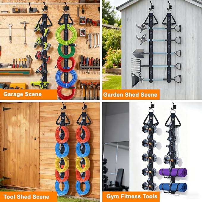 Extension Cord Organizer 2 Pack, Cord Storage Organizer with 5 Slots, Garage Garden Storage Straps, All in One Hanger Straps for Cable, Hose, Rope, Tool Management