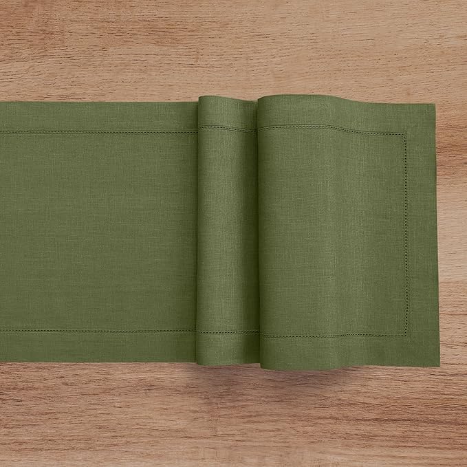 Solino Home Linen Olive Table Runner 120 Inches Long - 100% Pure Linen Hemstitch 14 x 120 Inch Table Runner for Dining, Fall, Autumn, Thanksgiving - Classic Hemstitch