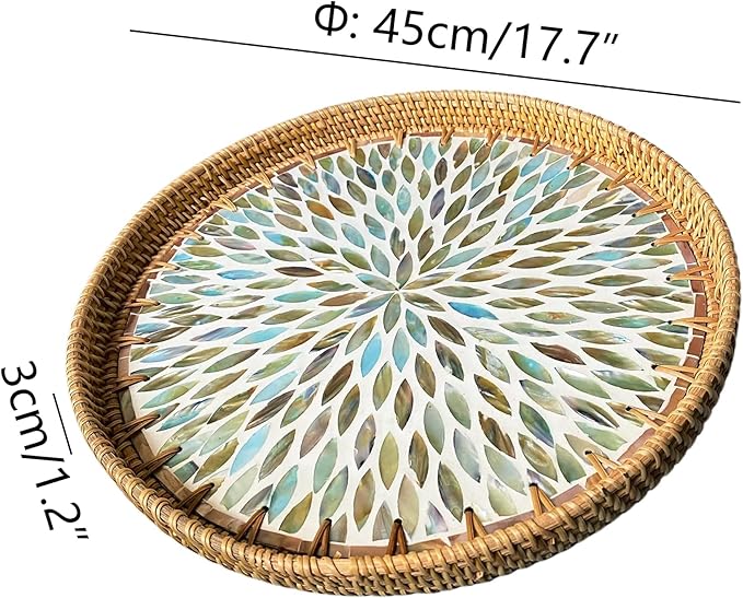 i-lan 18 inch Round Decorative Rattan Serving Platter with Mother of Pearl Inlay,Ottoman Coffee Table Tray Rattan Serving Display for Table Decor,Kitchen Counter Storage of Fruit,Candy.