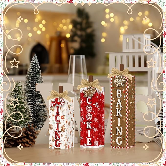Britimes 3 Pcs Christmas Baking Wooden Table Block Signs, Farmhouse Gingerbread Candy Cane Cookie Print Tiered Tray Decor Rustic Holiday Tabletop Centerpieces for Kitchen Home Winter Decorations