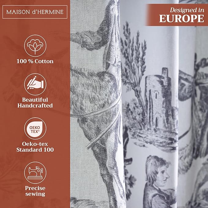 Maison d' Hermine Curtains for Living Room 100% Cotton 96 inch Length Two Panels Light Filtering Toile Curtains with Rod and Loop Pockets (The Miller Paloma Gray (White Background), 50" W x 96" L)