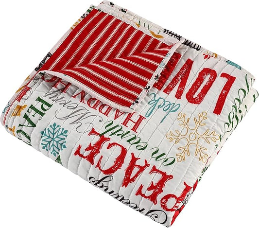 Levtex Home Merry & Bright Collecion - Santa Claus Lane - Holiday Quilted Throw Size 50x60in. - Christmas Script - Red, Teal, Yellow, Green, Black and White - Reversible