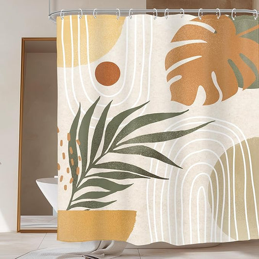 Glawry Beige Green Boho Shower Curtain Mid Century Abstract Plant Tropical Palm Leaf Modern Minimalist Arch Geometric Bathroom 60Wx72L Inches Bath Accessories Art Home Decor Fabric 12 Pack Hooks