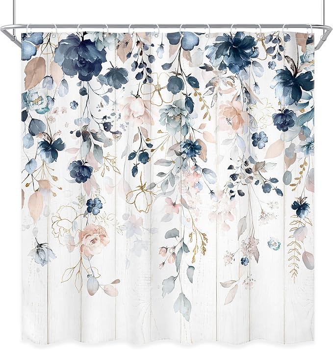 Rustic Floral Shower Curtain 72Wx72L Inch Spring Summer Blue Flower Pink Wildflower Plant Botanical Bathroom Set Boho Wooden Board Eucalyptus Leaf Bath Curtain Bathtub Accessories Home Decor