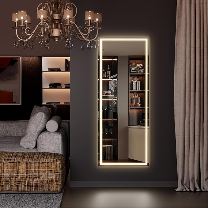 Hasipu LED Over Door Mirror Full Length, 44" x 15.8" Lighted Full Body Wall Mounted Mirror, Light Up Long Dressing Mirror, Square Black
