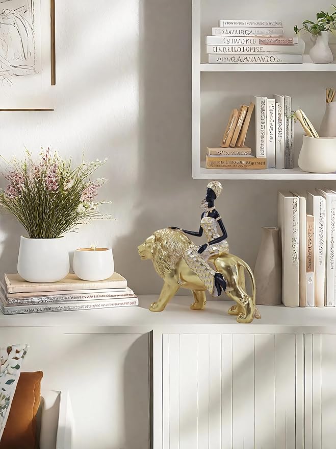 African Woman Riding Lion Statue – Gold Resin Sculpture for Home Decor, African Queen Figurine with Tribal Pattern, Cultural Art Decor for Living Room, Shelf, Office, or Gift