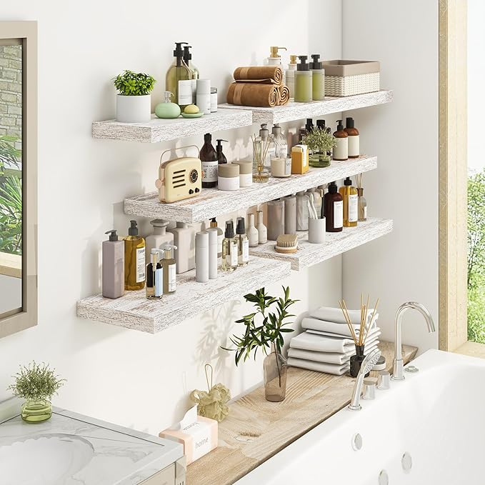 Fun Memories Deep Floating Shelves - 48" W x 9.3" D x 1.6" H Rustic Grey Wall Shelf - Wall Mounted Shelves for Storage - Wooden Shelves with Invisible Brackets for Living Room, Farmhouse - Set of 1