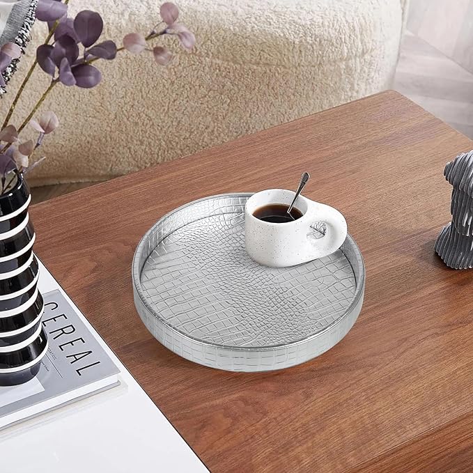 HofferRuffer Faux Leather Round Serving Tray, Vegan Croco Leather Decorative Tray, Food Tray for Storage Drinks, Snack & Cosmetics, Dia.12'' x 1.6'' (Silver)
