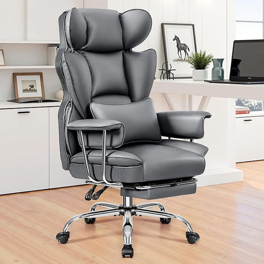 Office Desk Chair, Big and Tall Executive Office Chairs with Footrest, Large Leather Computer Gaming Chair for Adult, Ergonomic Reclining Chair High Back with Lumbar Support, Gray